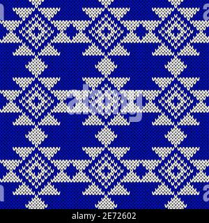 Seamless knitting contrast ornate in blue and white colors, vector ...