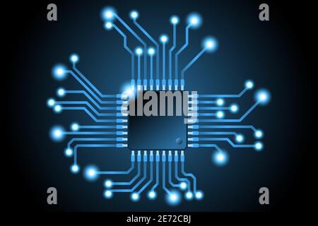 Vector microchip CPU and glowing conductive tracks Stock Vector