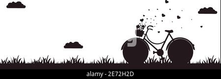 Silhouette of love and Valentine backgrounds flying with heart from bicycle basket Stock Vector