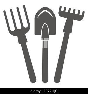 Fork, shovel, rake solid icon, gardening concept, set of hand garden tools for digging and loosening ground sign on white background, Garden tools Stock Vector