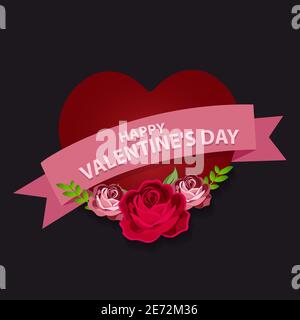 Red heart with pink and red rose on the background of Happy Valentine's Day. Stock Vector