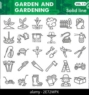 Garden and gardening line icon set, farming symbols collection or sketches. Agriculture linear style signs for web and app. Vector graphics isolated Stock Vector