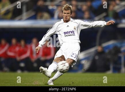 Real Madrid's David Beckham takes a free kick during the Champions
