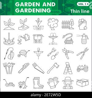 Garden and gardening thin line icon set, farming symbols collection or sketches. Agriculture linear style signs for web and app. Vector graphics Stock Vector