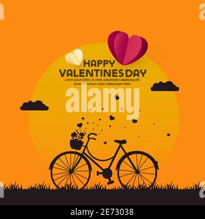 Silhouette of love and Valentine background flying with heart from bicycle baskets Stock Vector