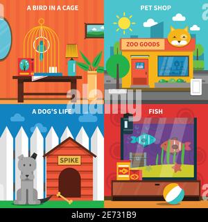 Pets design concept set with birds and fish flat icons isolated vector illustration Stock Vector
