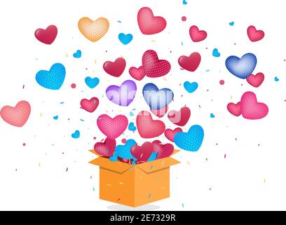 Gift Box or Cardboard box Open Balloon Heart and Confetti Floating White Background. Stock Vector