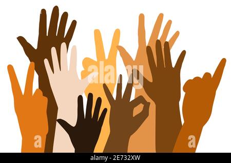 Shadows of Raised hands of different race skin color on white background. Flat Vector illustration Stock Vector