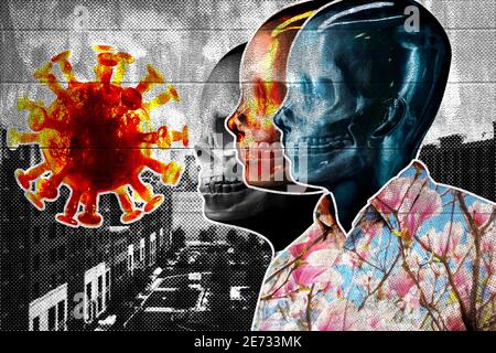 Abstract digital photo graphic collage of skulls and humanoid cyborg with coronavirus 3D illustration Stock Photo