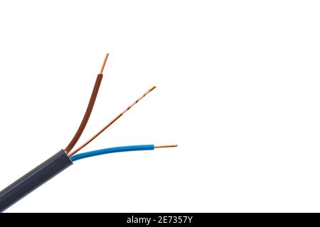 Electrical cable,  three core flat twin and earth - white background Stock Photo