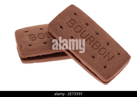 Chocolate bourbon biscuit cookies  - white background.  *****INSPECTOR NOTE - I have intentionally left the word BOURBON on the cookies because this d Stock Photo