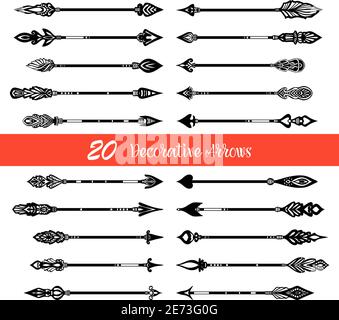 Twenty black  horizontal hand drawn arrows set in vintage style on white background  isolated  vector illustration Stock Vector