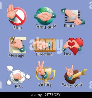 Emblems set of different web social network elements with hand gestures on it cartoon isolated vector illustration Stock Vector