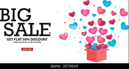 Surprise Gift Box or Cardboard box Open Balloon Heart and Confetti Floating White Background. Stock Vector