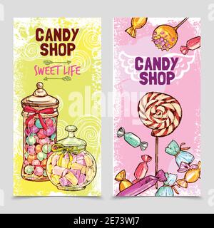 Sweet vertical banner set with hand drawn candies and marshmallow isolated vector illustration Stock Vector