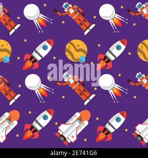 Space seamless pattern with rocket moon and astronaut vector illustration Stock Vector