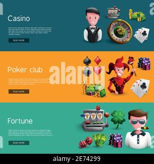Banners set of mix casino icons separated on casino poker club and fortune groups cartoon vector illustration Stock Vector