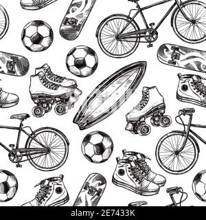 Active recreation seamless pattern with sketch skateboard soccer ball and shoes vector illustration Stock Vector