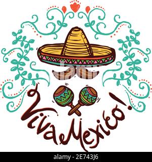 Mexico concept with sketch sombrero maracas and floral ornament vector illustration Stock Vector