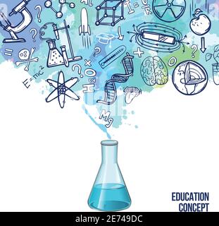 Education concept with realistic lab flask and sketch science symbols vector illustration Stock Vector