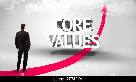 Rear view of a businessman standing in front of CORE VALUES inscription, successful business concept Stock Photo