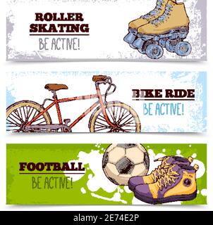 Summer sport horizontal banners set with hand drawn bicycle and football ball isolated vector illustration Stock Vector