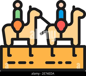 People on camels, caravan, desert tourism flat color line icon. Stock Vector