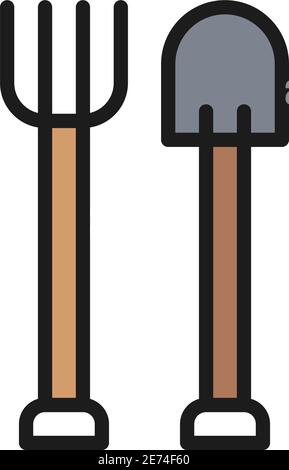 Pitchfork with shovel, gardening tools, agriculture flat color line icon. Stock Vector