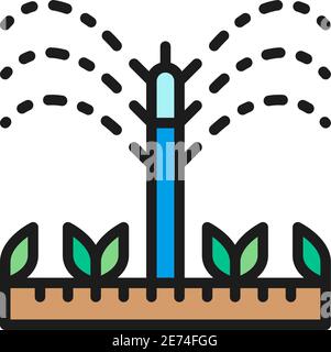 Watering, irrigation sprinklers, agriculture, gardening tools color line icon. Stock Vector
