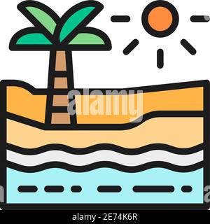 Beach with palm tree, sea and desert flat color line icon. Stock Vector