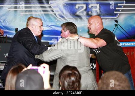 WWE chairman Vince McMahon fighting at the press conference held by Battle of the Billionaires to announce details of Wrestlemania 23 at Trump Tower on March 28, 2007 in New York City. If Donald Trump's designated wrestler Bobby Lasley wins, Trump will shave off Vince MacMahon's hair. If McMahon's wrestler wins, Trump will have his hair shaved off live by McMahon. Photo by Gerald Holubowicz/ABACAPRESS.COM Stock Photo