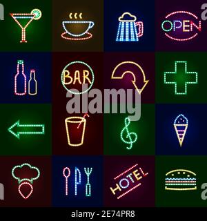 Led lights icons set with dot neon signs isolated vector illustration Stock Vector
