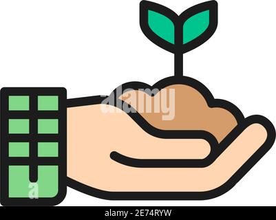 Plant in hand, gardening, ecology flat color line icon. Stock Vector