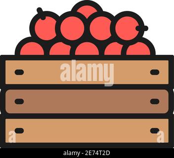 Wooden box with fresh vegetables, garden harvest flat color line icon. Stock Vector