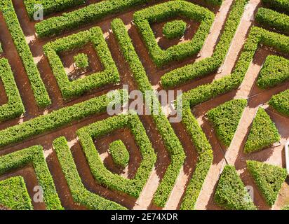 Segovia Spain: Aerial view of a hedge maze on the grounds of the Alcazar of Segovia. Stock Photo