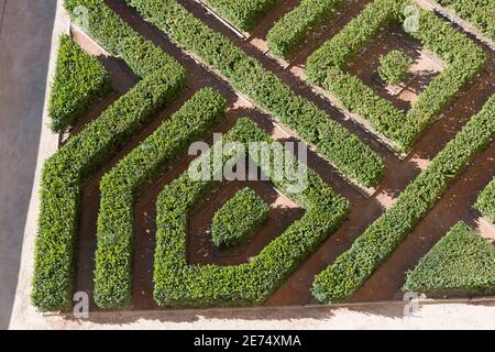 Segovia Spain: Aerial view of a hedge maze on the grounds of the Alcazar of Segovia. Stock Photo