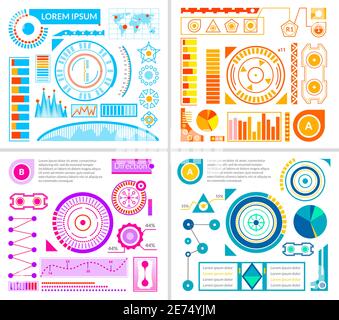 Hud interface designs set with blue violet and orange templates flat vector illustration Stock Vector