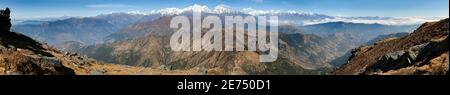 Panoramic view of himalayas range from Pikey peak - trek from Jiri Bazar to Everest base camp - Nepal Stock Photo