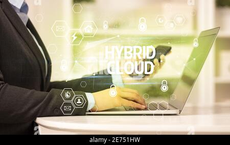 HYBRID CLOUD inscription on laptop, internet security and data protection concept, blockchain and cybersecurity Stock Photo