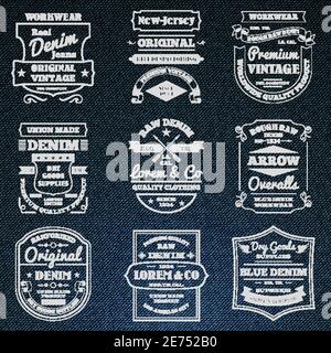 Classical blue denim jeans typography logo emblems limited edition graphic design icons collection abstract isolated vector illustration. Editable EPS Stock Vector