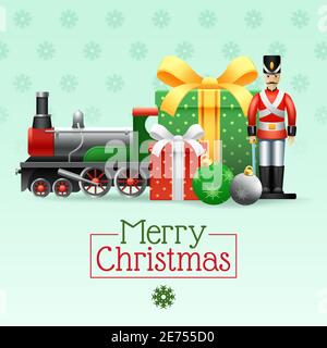Christmas vintage realistic toys set with boxes toy soldier train and snowflakes vector illustration Stock Vector