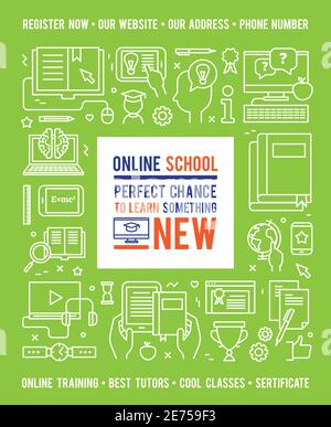Online school education design concept with caption in center and white line icons on green background flat vector illustration Stock Vector