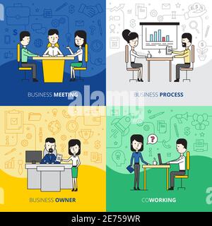 Business people in office interior square design concept  with meeting and working employees flat vector illustration Stock Vector
