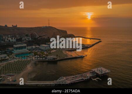 Aerial view sunset beach club in the district of Chorillos in Lima. Club Regatas. Stock Photo