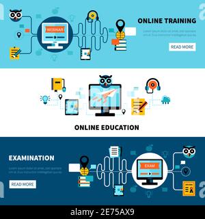 Flat horizontal online education banners collection of distance learning and examination vector illustration Stock Vector