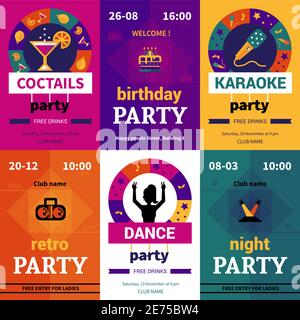 Six color decorative party posters showing billboards with name and date of event flat vector illustration Stock Vector
