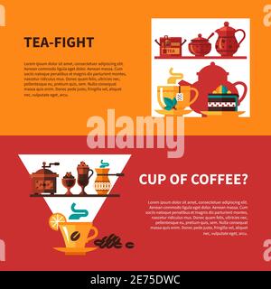 Tea or coffee cup 2 modern decorative informative banners set design in yellow brown flat abstract isolated vector illustration Stock Vector