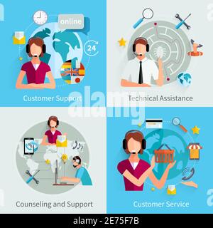 Customer support international service 4 flat icons square composition with counseling and technical assistance isolated vector illustration Stock Vector