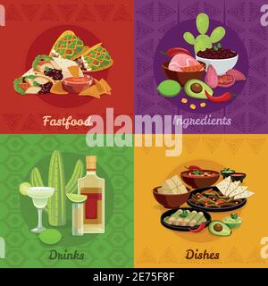 Mexican native food spicy dishes snacks and drinks 4 flat icons square composition banner isolated vector illustration Stock Vector