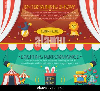 Circus performance horizontal banner set with tickets magic hat acrobat ...